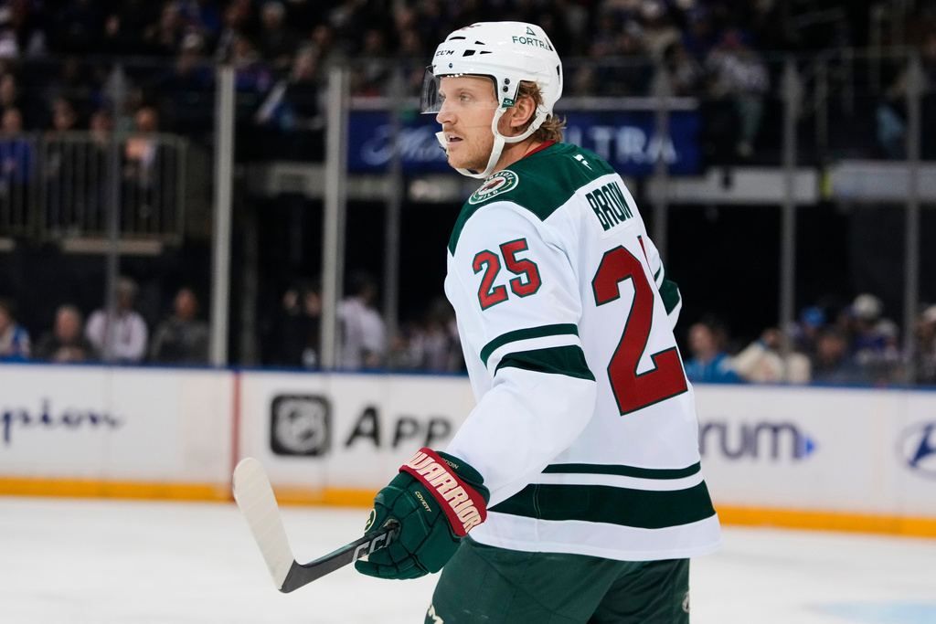 Minnesota Wild's Jonas Brodin reacts after scoring a goal during the first period of an NHL hockey game against the New York Rangers Monday, Oct. 20, 2025, at Madison Square Garden in New York. (AP Photo/Frank Franklin II)