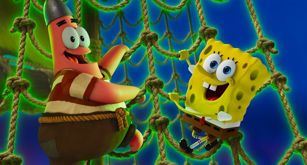 This image released by Paramount Animation and Nickelodeon shows the characters Patrick Star, voiced by Bill Fagerbakke, left, and SpongeBob SquarePants, voiced by Tom Kenny, in a scene from "The SpongeBob Movie: Search For SquarePants." (Paramount Animation and Nickelodeon via AP)