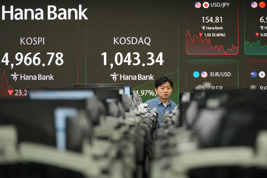 A dealer walks past near the screens showing the Korea Composite Stock Price Index (KOSPI), left, and the Korean Securities Dealers Automated Quotations (KOSDAQ) at a dealing room of Hana Bank in Seoul, South Korea, Monday, Jan. 26, 2026. (AP Photo/Lee Jin-man)