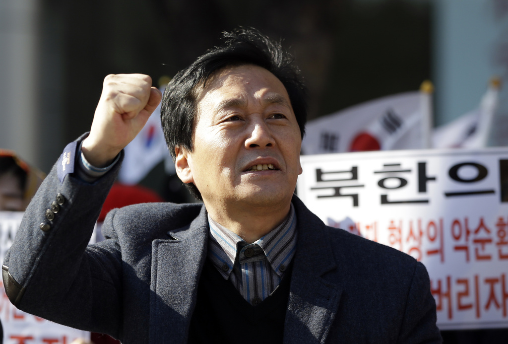 FILE - North Korean defector Kim Seong-Min, then-the head of Free North Korea Radio, shouts slogans during a rally to improve human rights condition in North Korea, in Seoul, South Korea, on Nov. 14, 2014. (AP Photo/Lee Jin-man, File)