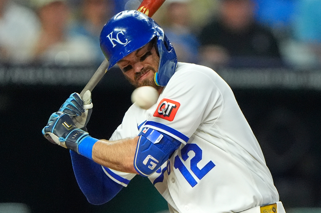Kansas City Royals' Nick Loftin backs away from an inside pitch thrown by Arizona Diamondbacks pitcher Kade Stroud during the fourth inning of a baseball game Tuesday, Sept. 8, 2026, in Kansas City, Mo. (AP Photo/Charlie Riedel)