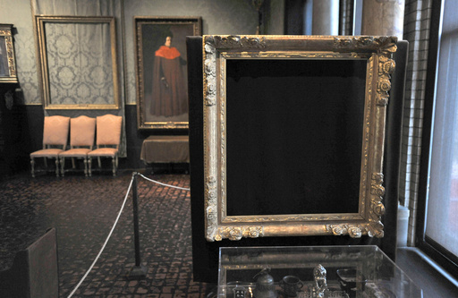 FILE - In this March 11, 2010 file photo, empty frames from which thieves took "Storm on the Sea of Galilee," left background, by Rembrandt and "The Concert," right foreground, by Vermeer, remain on display at the Isabella Stewart Gardner Museum in Boston. (AP Photo/Josh Reynolds, File) FILE - In this March 11, 2010 file photo, empty frames from which thieves took "Storm on the Sea of Galilee," left background, by Rembrandt and "The Concert," right foreground, by Vermeer, remain on display at the Isabella Stewart Gardner Museum in Boston. (AP Photo/Josh Reynolds, File)