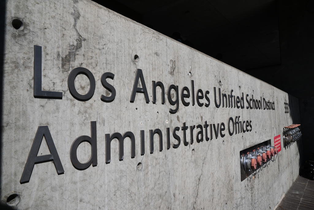 The exterior of LAUSD headquarters is shown Wednesday, Feb. 25, 2026, in Los Angeles. (AP Photo/Damian Dovarganes)