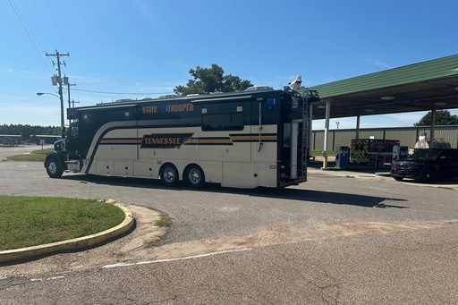 A mobile Tennessee Highway Patrol command center is parked in a staging area on Tuesday, Sept. 30, 2025, in Memphis, Tenn. (AP Photos/Adrian Sainz) A mobile Tennessee Highway Patrol command center is parked in a staging area on Tuesday, Sept. 30, 2025, in Memphis, Tenn. (AP Photos/Adrian Sainz)