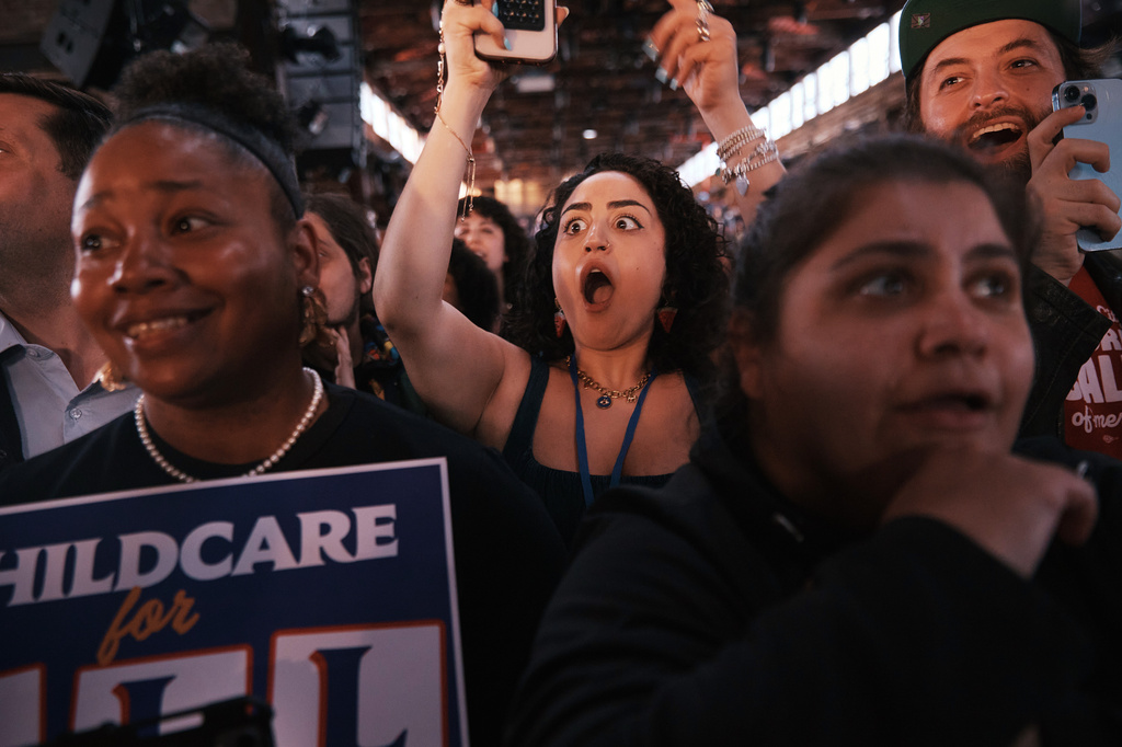 New York City Mayor Zohran Mamdani's supporters react during an address marking his first 100 days in office at the Knockdown Center on Sunday, April 12, 2026, in New York. (AP Photo/Andres Kudacki)