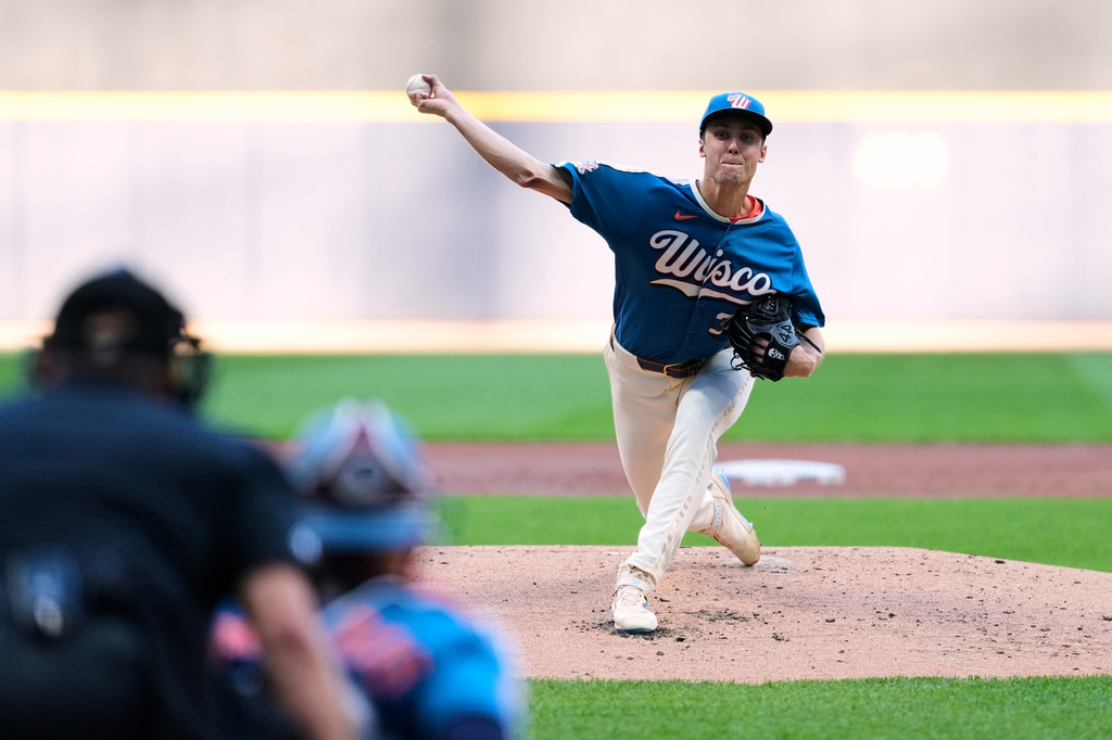 Milwaukee Brewers' Jacob Misiorowski pitches during the second inning of a baseball game against the Philadelphia Phillies, Friday, June 12, 2026, in Milwaukee. (AP Photo/Aaron Gash)