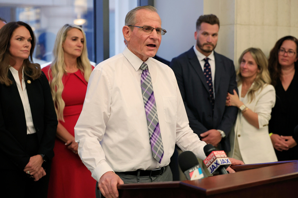 Gaylord Bridegan, father of Jared Bridegan, speaks to members of the media after the guilty verdict in the trial of Mario Fernandez Saldana at the Duval County Courthouse in Jacksonville, Fla., on Wednesday, Aug. 26, 2026. (Corey Perrine/The Florida Times-Union via AP, Pool)