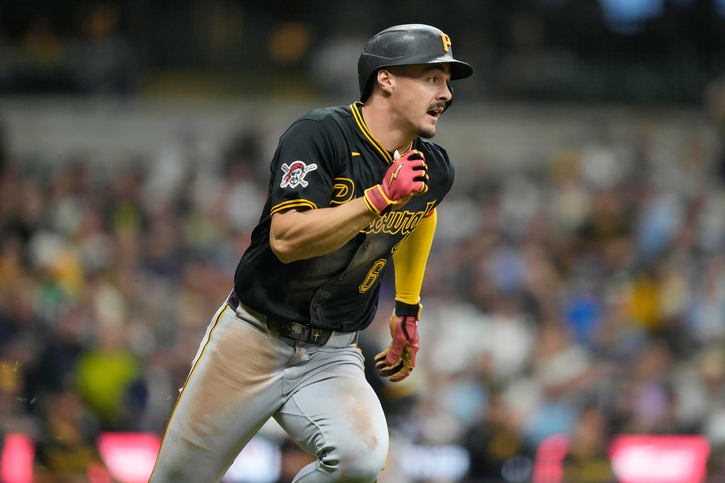Pittsburgh Pirates' Konnor Griffin runs to first base on a two-run RBI single during the seventh inning of a baseball game against the Milwaukee Brewers, Friday, April 24, 2026, in Milwaukee. (AP Photo/Kayla Wolf)