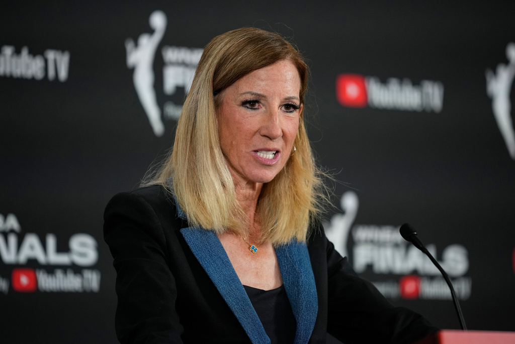 WNBA commissioner Cathy Engelbert speaks prior to Game 1 of a WNBA basketball final playoff series between the Las Vegas Aces and the Phoenix Mercury, Friday, Oct. 3, 2025, in Las Vegas. (AP Photo/John Locher)