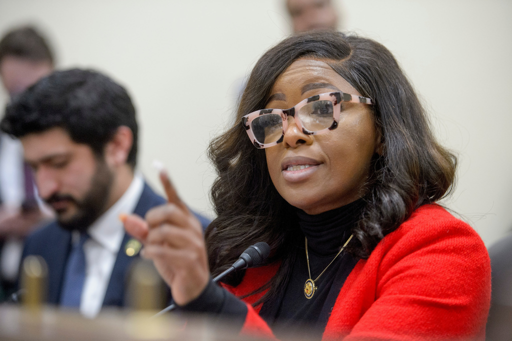 FILE - Rep. Jasmine Crockett, D-Texas, questions the witnesses during a House Committee on Oversight and Government Reform Subcommittee on Delivering on Government Efficiency hearing on "The War on Waste: Stamping Out the Scourge of Improper Payments and Fraud" on Capitol Hill, Wednesday, Feb. 12, 2025, in Washington. (AP Photo/Rod Lamkey, Jr., file)