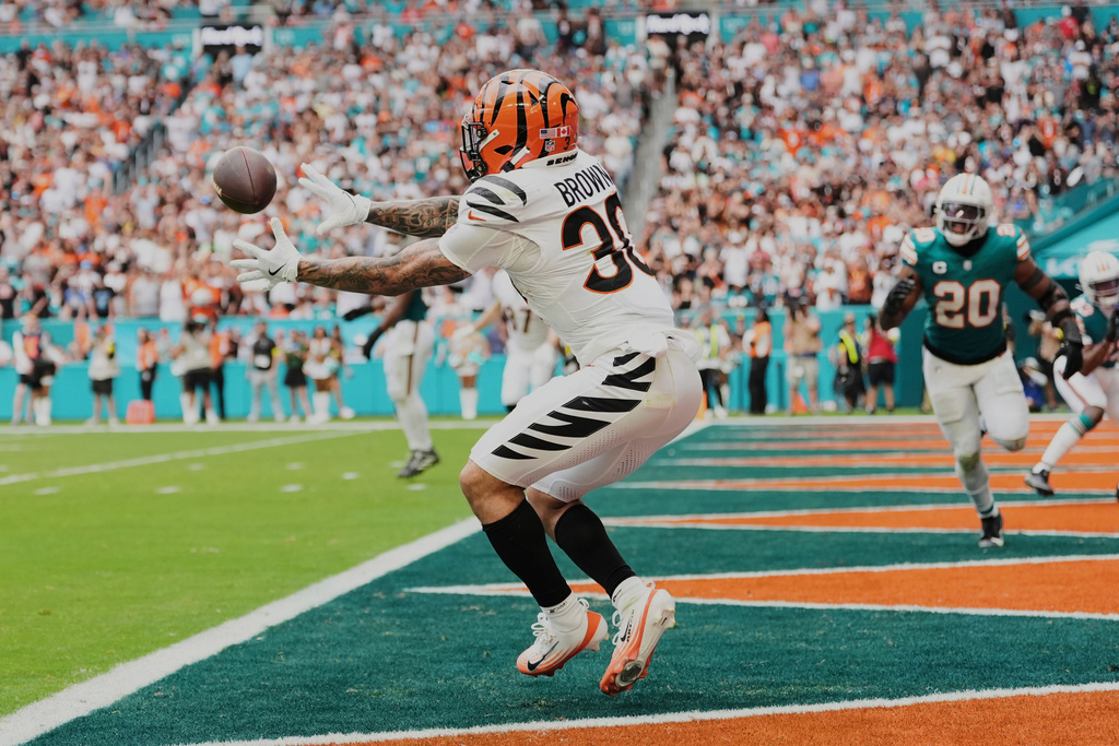 Cincinnati Bengals running back Chase Brown catches a pass for a touchdown during the second half of an NFL football game against the Miami Dolphins, Sunday, Dec. 21, 2025, in Miami Gardens, Fla. (AP Photo/Rebecca Blackwell)