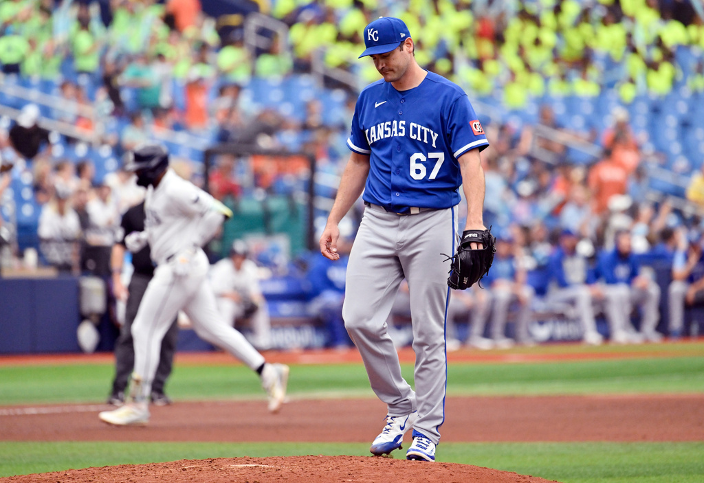Kansas City Royals pitcher Seth Lugo (67) reacts as Tampa Bay Rays' Junior Caminero rounds the bases after his home run during the fifth inning of a baseball game Thursday, June 25, 2026, in St. Petersburg, Fla. (AP Photo/Jason Behnken)