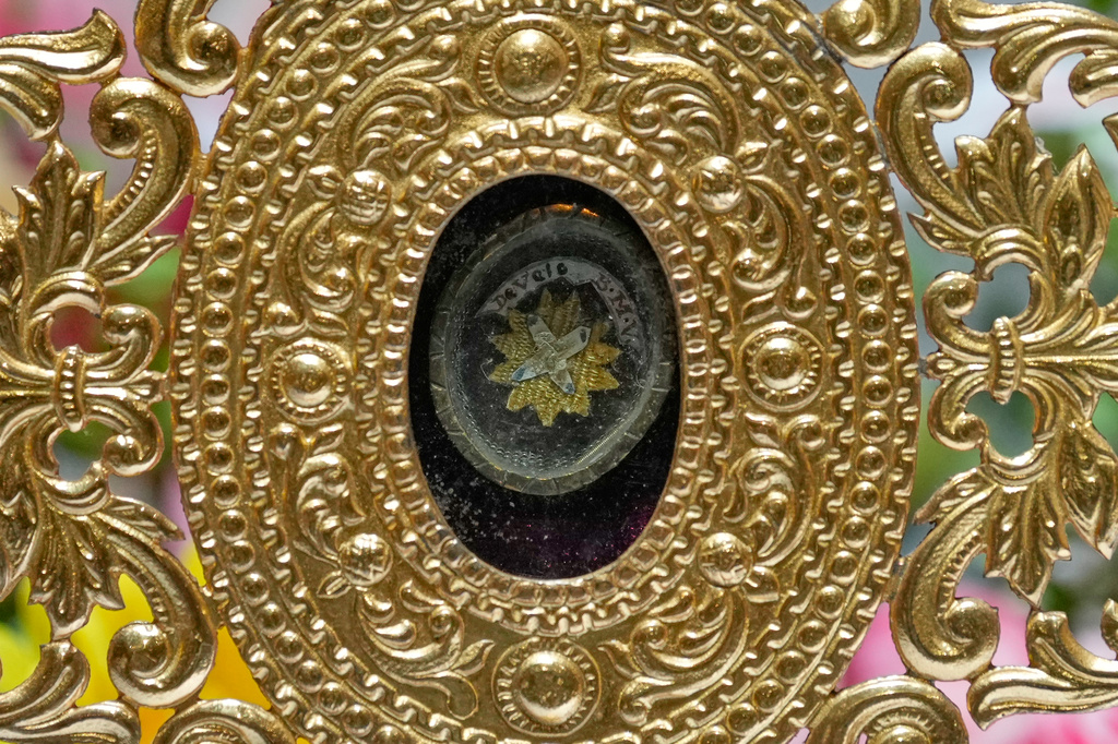 A relic from the veil of the Virgin Mary inside the Ephesus House, a replica of the House of the Virgin Mary in Ephesus, Turkey, at Alfonso town, Cavite province, Philippines on July 16, 2026. (AP Photo/Aaron Favila)