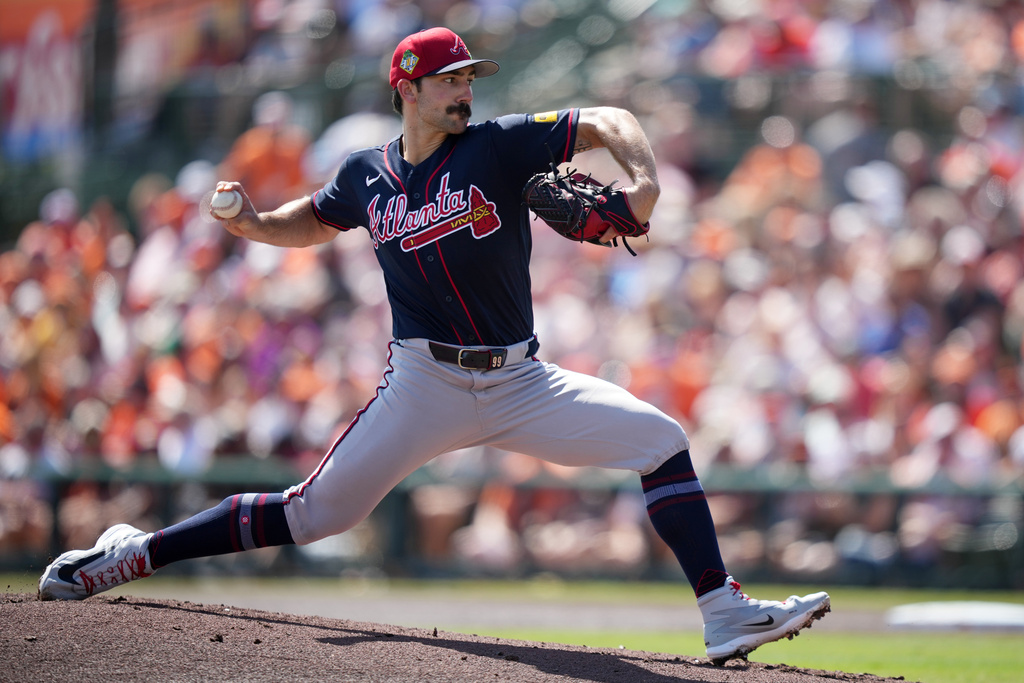 Atlanta Braves' Spencer Strider pitches during the first inning of a spring training baseball game against the Baltimore Orioles, Saturday, Feb. 28, 2026, in Sarasota. (AP Photo/Matt Slocum)