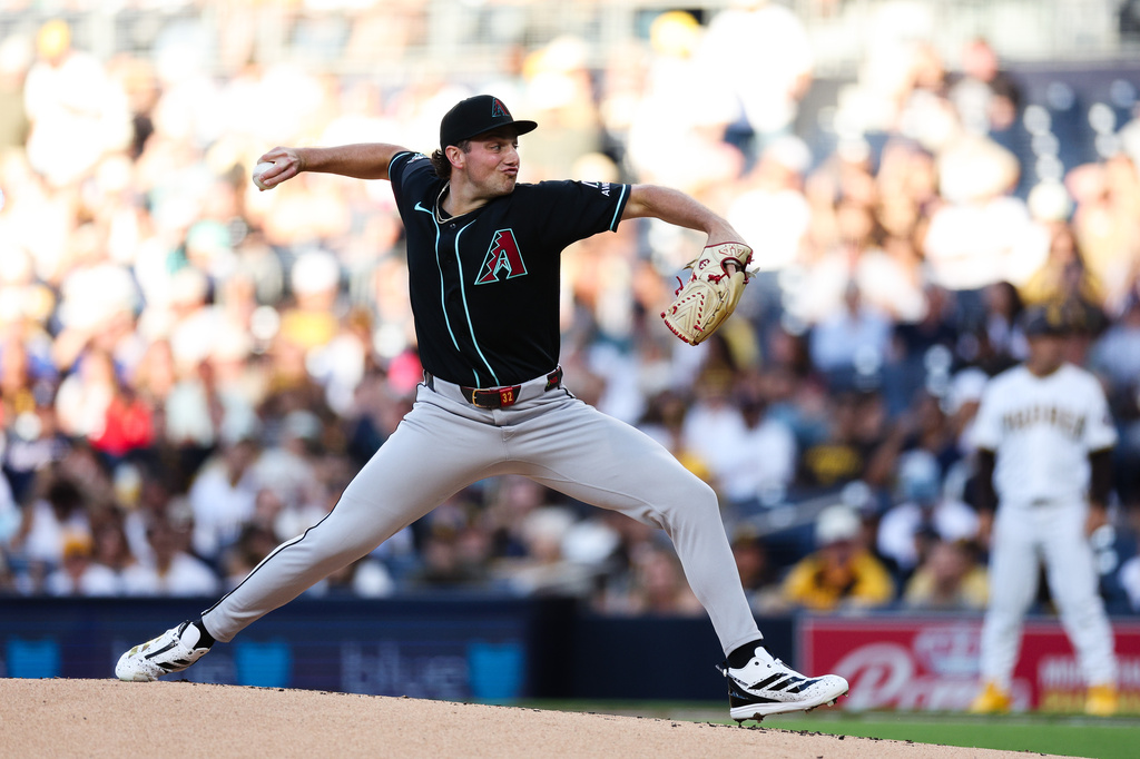 Arizona Diamondbacks pitcher Brandon Pfaadt throws to a San Diego Padres batter in the first inning of a baseball game Monday, July 6, 2026, in San Diego. (AP Photo/Derrick Tuskan)