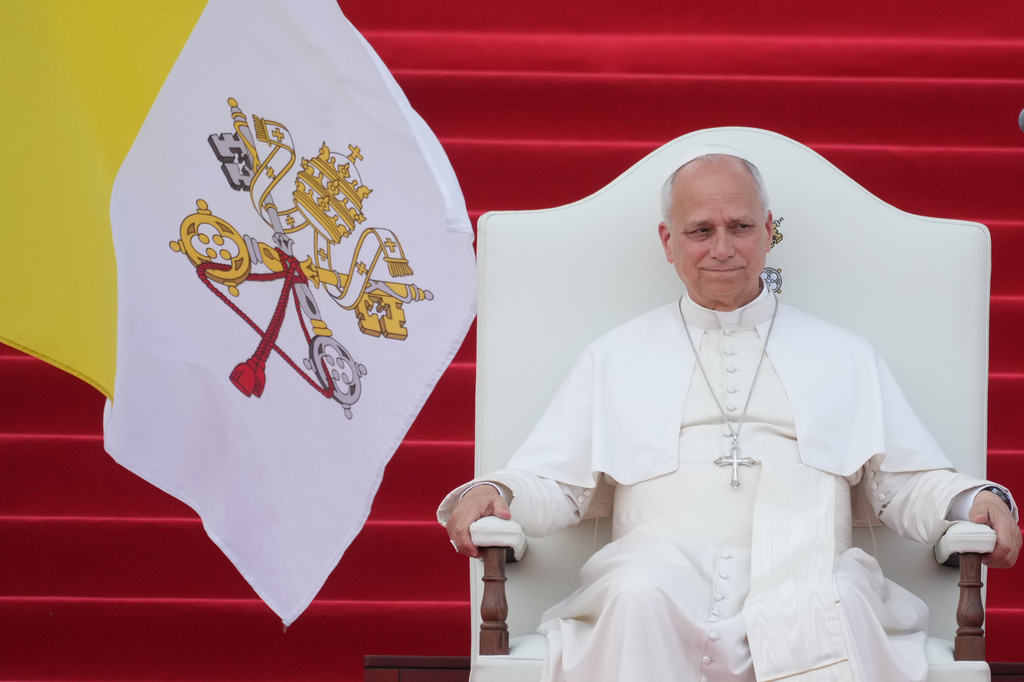 FILE - Pope Leo XIV meets with representatives of the world of culture at the Leon XIV Campus of the National University in Malabo, Equatorial Guinea, Tuesday, April 21, 2026, on the ninth day of his 11-day pastoral visit to Africa. (AP Photo/Andrew Medichini, File)