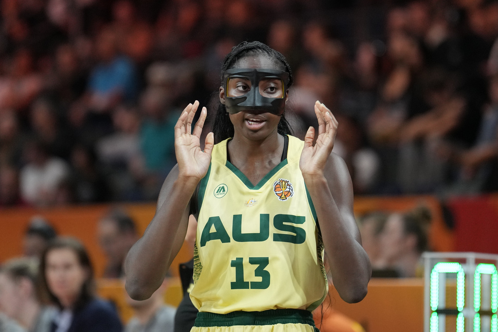 Australia's Ezi Magbegor reacts during the Women's Basketball World Cup match between Australia and Puerto Rico in Berlin, Friday, Sept. 4, 2026. (AP Photo/Ebrahim Noroozi)