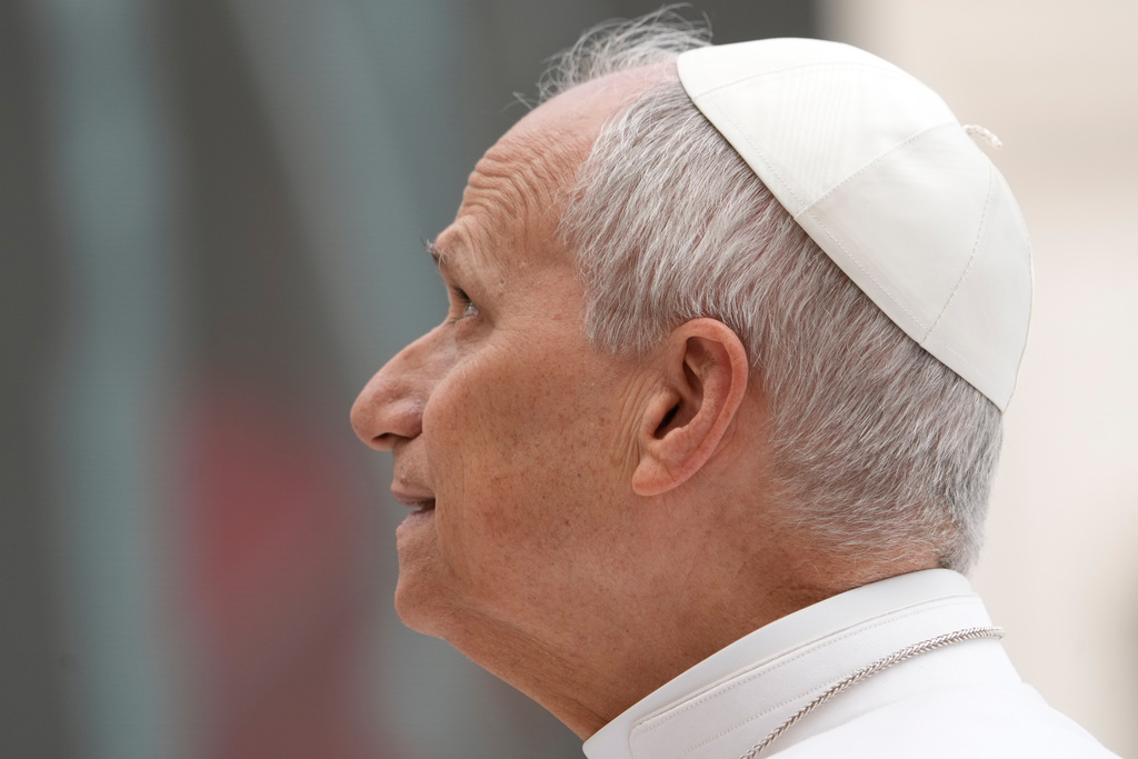 Pope Leo XIV holds his weekly general audience in St. Peter's Square, at the Vatican, Wednesday, May 6, 2026. (AP Photo/Gregorio Borgia)