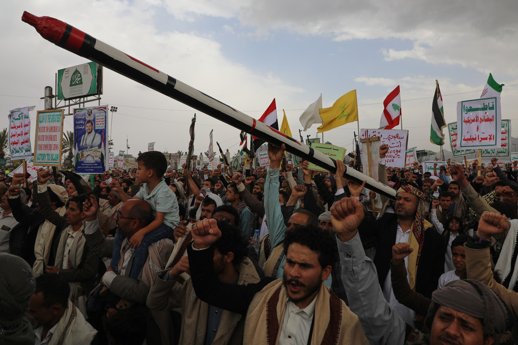 Houthi supporters chant slogans during a rally against the Saudi-led coalition in Sanaa, Yemen, Friday, July 31, 2026. (AP Photo/Osamah Abdulrahman)