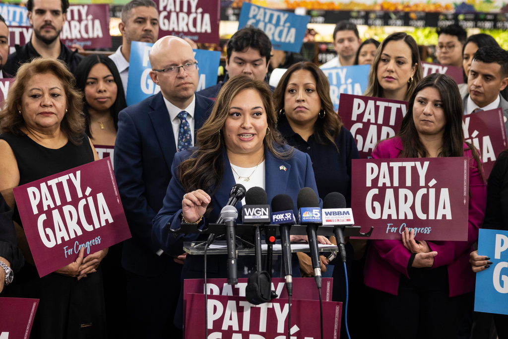 Patty García speaks during a news conference to announce her candidacy for the fourth district congressional race, Nov. 12, 2025, in Cicero, Ill. (Ashlee Rezin/Chicago Sun-Times via AP)
