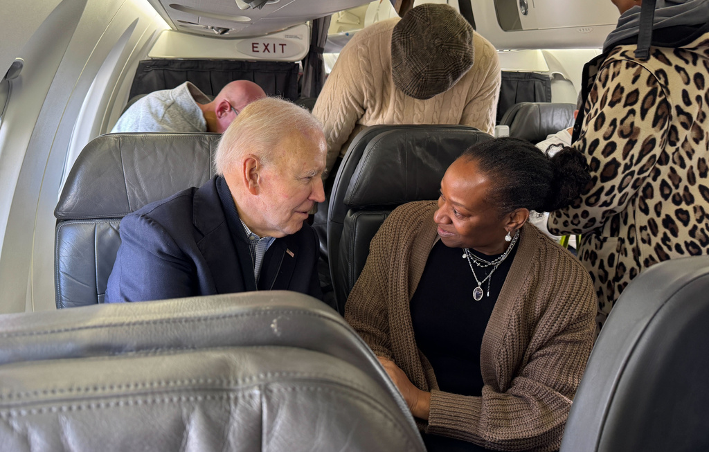 President Joe Biden is seen on a plane before takeoff traveling from Washington to South Carolina, Friday, Feb. 27, 2026, in Washington. (AP Photo/Meg Kinnard)
