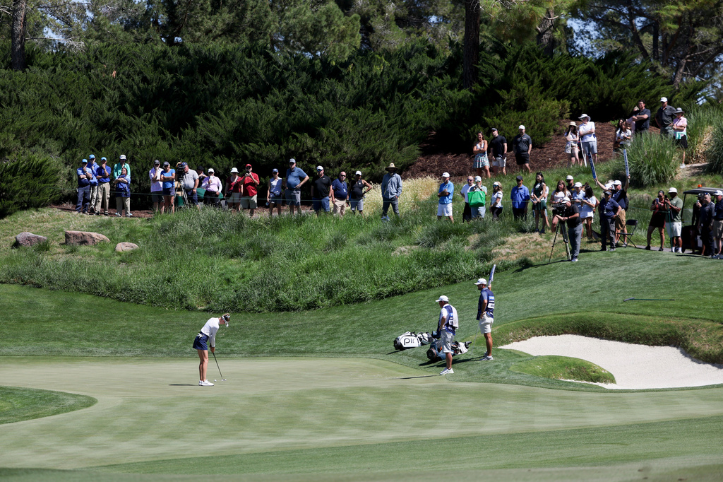 Nelly Korda putts on the fourth green during the final round of the Aramco Championship golf tournament Sunday, April 5, 2026, in North Las Vegas, Nev. (AP Photo/Ian Maule)