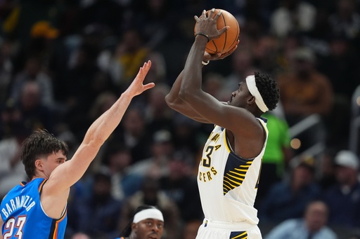 Indiana Pacers' Pascal Siakam (43) shoots over Oklahoma City Thunder's Brooks Barnhizer (23) during the first half of an NBA basketball game, Thursday, Oct. 23, 2025, in Indianapolis. (AP Photo/Darron Cummings) Indiana Pacers' Pascal Siakam (43) shoots over Oklahoma City Thunder's Brooks Barnhizer (23) during the first half of an NBA basketball game, Thursday, Oct. 23, 2025, in Indianapolis. (AP Photo/Darron Cummings)
