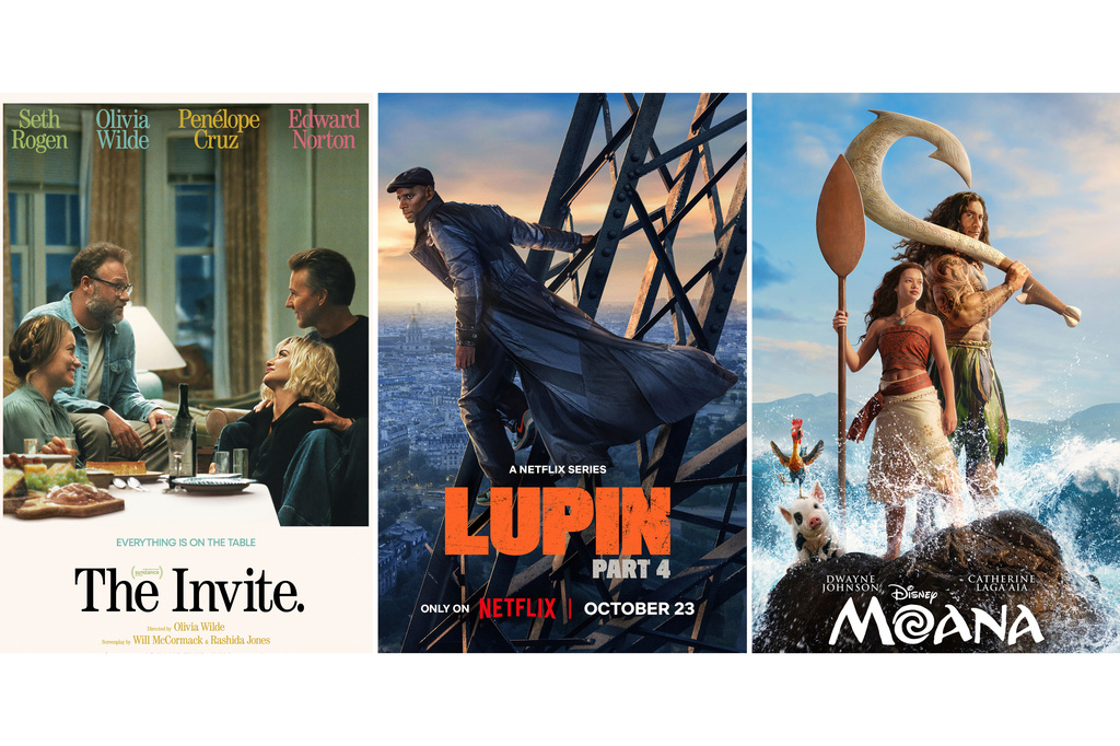 This combination of images shows promotional art for the film "The Invite," the series "Lupin," and the film "Moana." (A24/Netflix/Disney via AP)