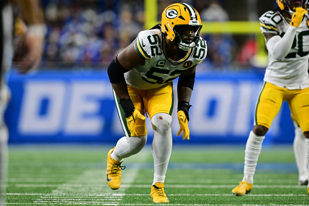 FILE - Green Bay Packers defensive end Rashan Gary lines up during the second half of an NFL football game against the Detroit Lions in Detroit, Nov. 27, 2025. (AP Photo/David Dermer, file)