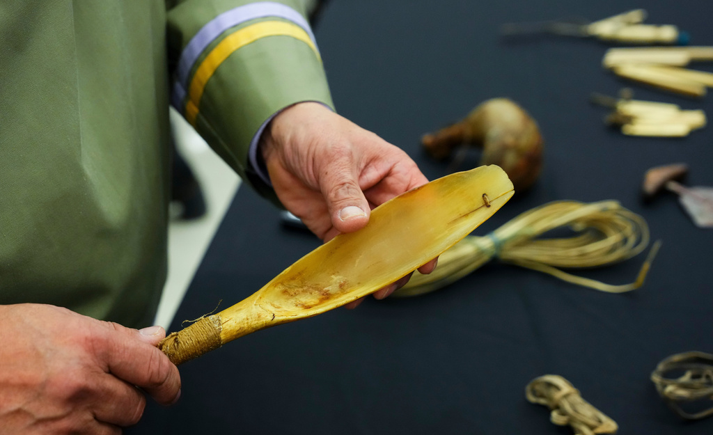 A selection of Inuit items are unveiled at the Canadian Museum of History in Gatineau, Que., on Tuesday, Dec. 9, 2025. (Sean Kilpatrick /The Canadian Press via AP)