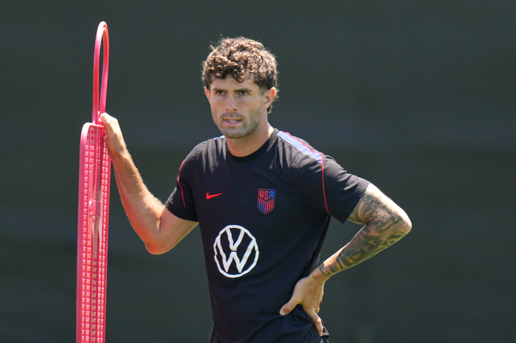 United States' Christian Pulisic attends a training session ahead of a FIFA World Cup match against Turkey in Irvine, Calif., Tuesday, June 23, 2026. (AP Photo/Andre Penner)