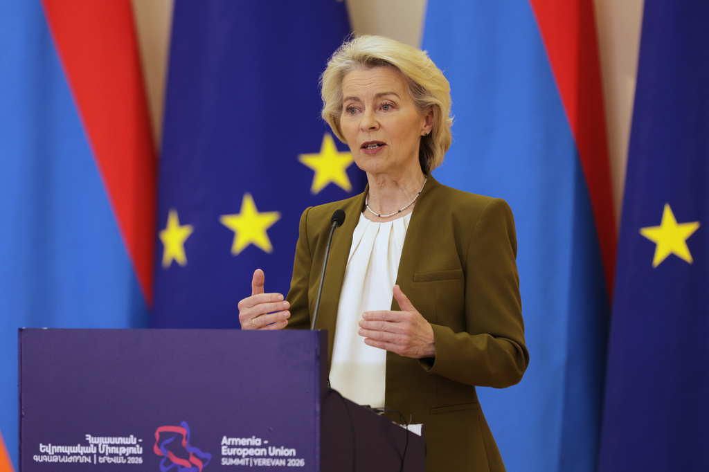 European Commission President Ursula von der Leyen addresses a media conference during the EU-Armenia summit at the Presidential Palace in Yerevan, Armenia, Tuesday, May 5, 2026. (AP Photo/Anthony Pizzoferrato)