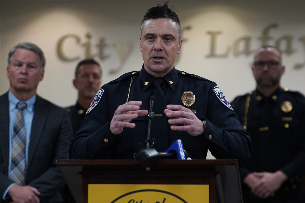 Lafayette Police chief Scott Galloway speaks at a news briefing at Lafayette City Hall in Lafayette, Ind., Tuesday, Jan. 27, 2026, regarding the arrest of five people in connection with the shooting of County Judge Steven Meyer and his wife at their Lafayette home.(AP Photo/Obed Lamy)