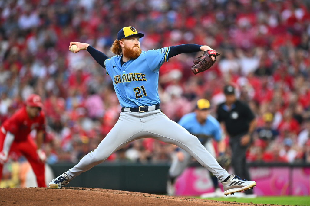 Milwaukee Brewers pitcher Dustin May throws during the first inning of a baseball game against the Cincinnati Reds in Cincinnati, Saturday, Sept. 5, 2026. (AP Photo/Ben Jackson)