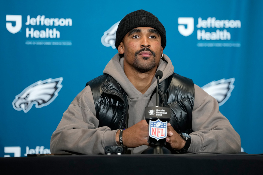 Philadelphia Eagles quarterback Jalen Hurts attends a news conference after an NFL football game against the Los Angeles Rams in Philadelphia, Sunday, Oct. 4, 2026. (AP Photo/Matt Slocum)