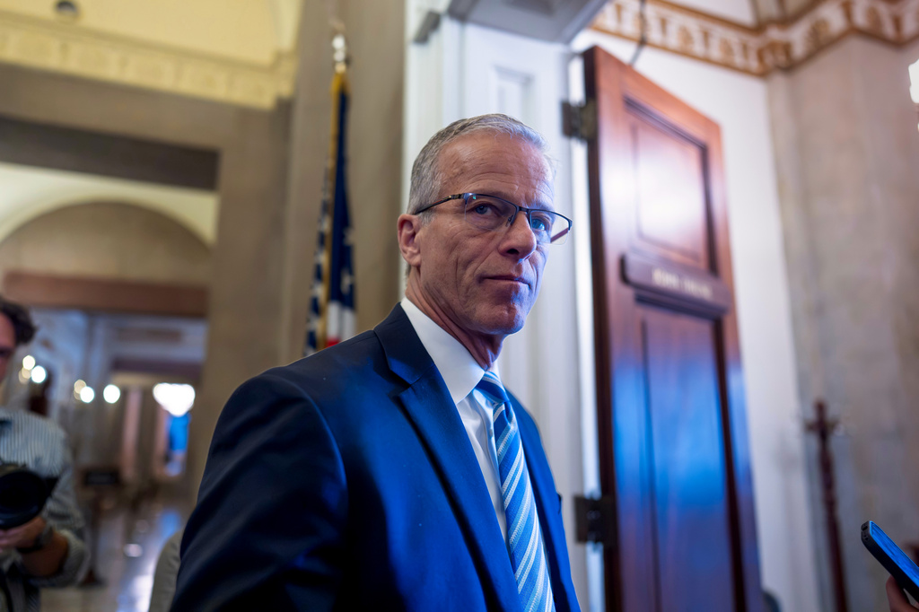 Senate Majority Leader John Thune, R-S.D., tells reporters the Senate has a busy two weeks of work ahead before August recess, at the Capitol in Washington, Thursday, July 23, 2026. (AP Photo/J. Scott Applewhite)