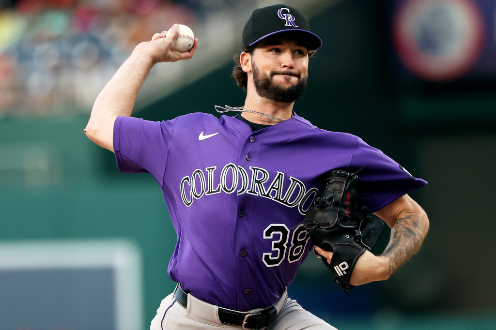 Colorado Rockies pitcher Mason Adams throws during the second inning of a baseball game against the Washington Nationals, Tuesday, Aug. 25, 2026, in Washington. (AP Photo/Daniel Kucin Jr.)