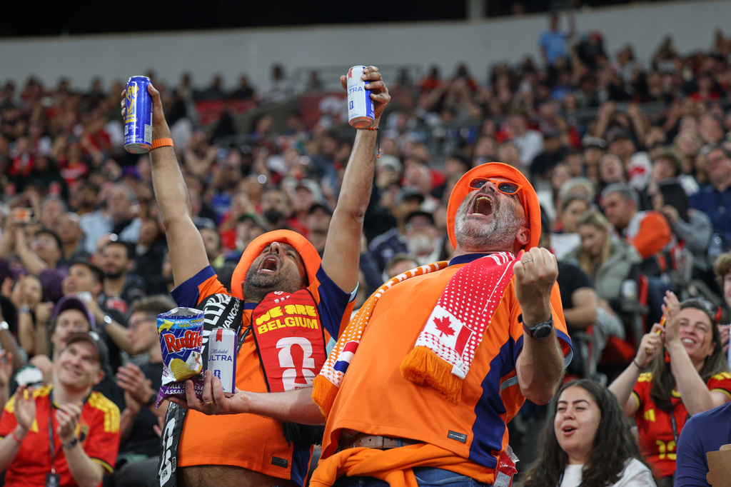 Belgium fans prepare for the start of the World Cup Group G soccer match between New Zealand and Belgium in Vancouver, British Columbia, Friday, June 26, 2026. (AP Photo/Kaleb Tatum)