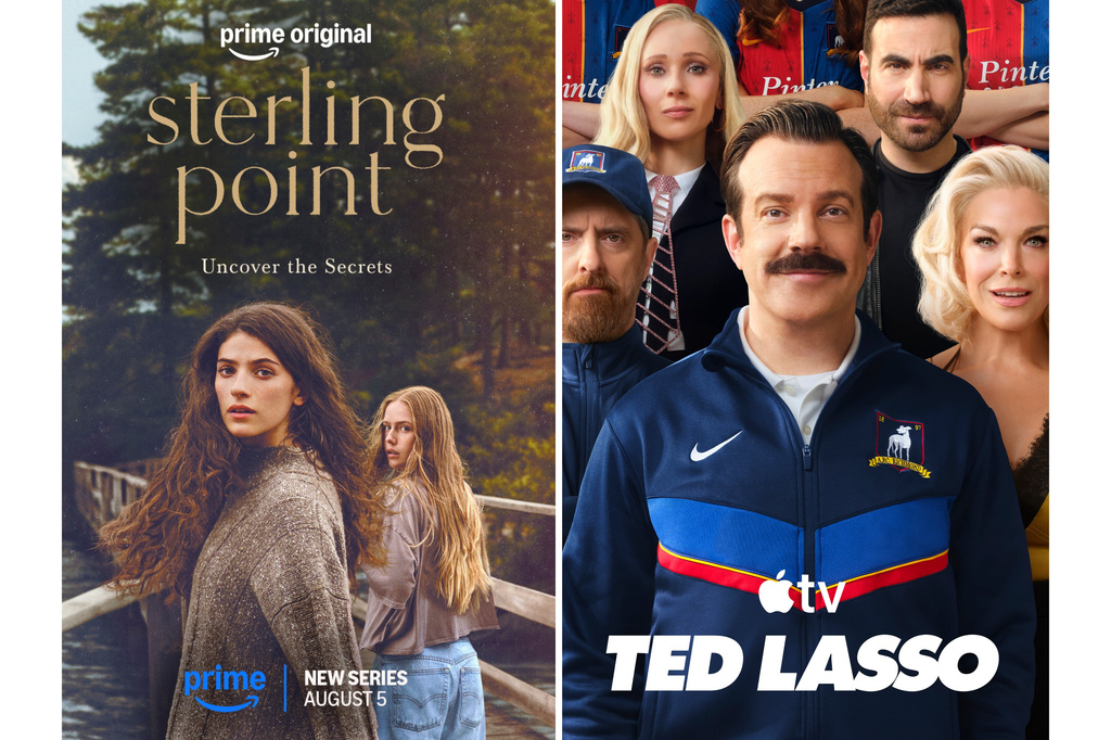 This combination of images show promotional art for "Sterling Point," left, and "Ted Lasso." (Prime/Apple TV via AP)