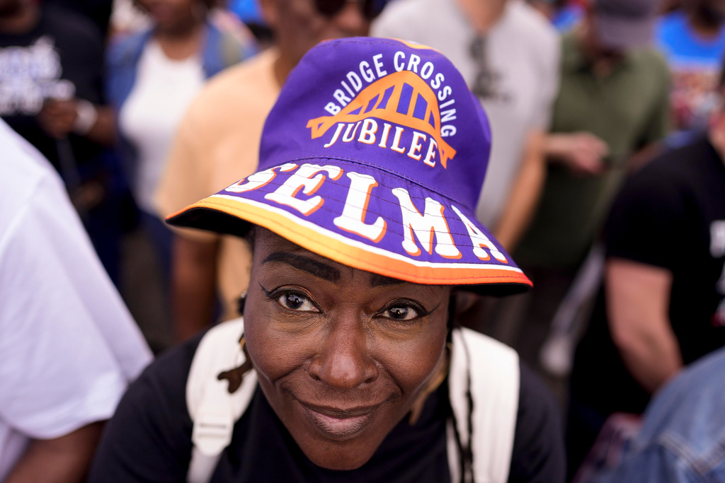 Debbie Murray, of Edison, Ga., waits to march ahead of the 61st Bloody Sunday Anniversary march, Sunday, March 8, 2026, in Selma, Ala. (AP Photo/Mike Stewart)