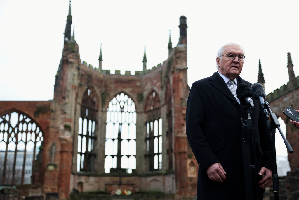 Germany's President Frank-Walter Steinmeier speaks to the media on the grounds of the old Coventry Cathedral, in Coventry, England, Friday, Dec. 5, 2025, on the final day of the state visit to the UK. (Hannah McKay/Pool Photo via AP)