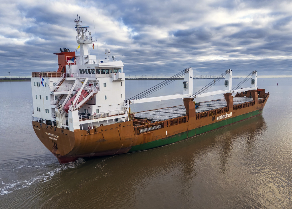 In this Jan. 12, 2025, photo from Mark Prummel, the Netherlands-flagged cargo ship Minervagracht is seen off Delfzijl, the Netherlands. (Mark Prummel via AP)