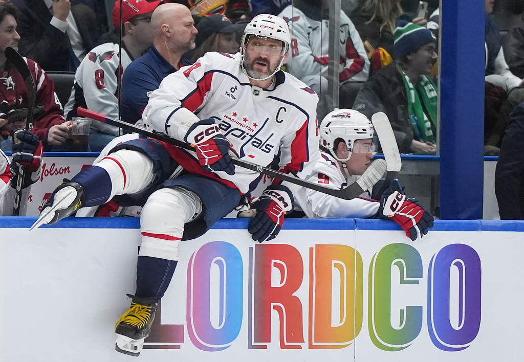 Washington Capitals' Alex Ovechkin comes off the bench onto the ice during the third period of an NHL hockey game against the Vancouver Canucks, in Vancouver, British Columbia, Wednesday, Jan. 21, 2026. (Darryl Dyck/The Canadian Press via AP)