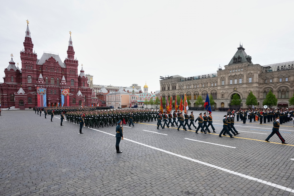 Russian servicemen march as they attend the Victory Day military parade in Moscow, Saturday, May 9, 2026, during celebrations of the 81st anniversary of the Soviet Union's victory over Nazi Germany during World War II. (AP Photo/Pavel Bednyakov, Pool)