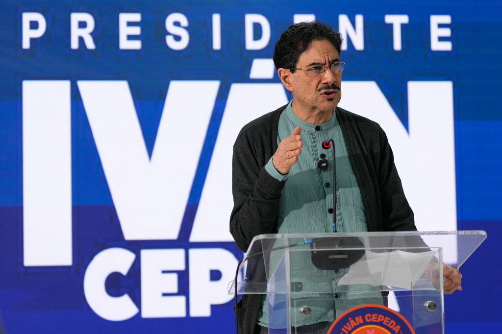 Sen. Ivan Cepeda, presidential candidate with the ruling Historic Pact Coalition, gives a press conference the day after the presidential election runoff in Bogota, Colombia, Monday, June 22, 2026. (AP Photo/Fernando Vergara)