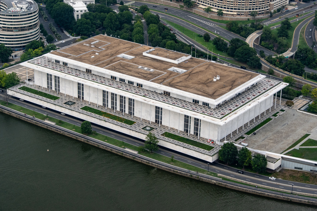 The Kennedy Center is seen from the air in Washington, Saturday, Aug. 15, 2026. (AP Photo/Alex Brandon)