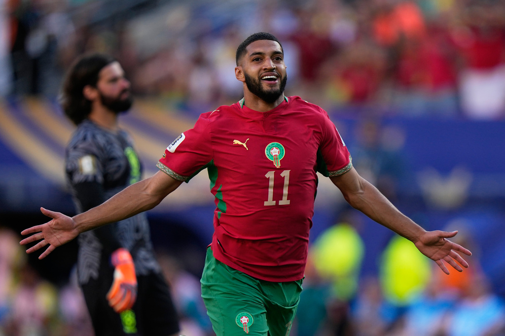 Morocco's Ismael Saibari celebrates scoring his side's opening goal against Brazil during the World Cup Group C soccer match in East Rutherford, N.J., near New York, Saturday, June 13, 2026. (AP Photo/Frank Franklin II)