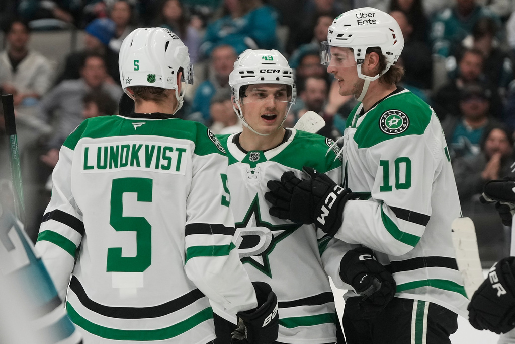 Dallas Stars center Justin Hryckowian, middle, is congratulated by defenseman Nils Lundkvist (5) and center Oskar Bäck (10) after scoring against the San Jose Sharks during the second period of an NHL hockey game in San Jose, Calif., Thursday, Dec. 18, 2025. (AP Photo/Jeff Chiu)