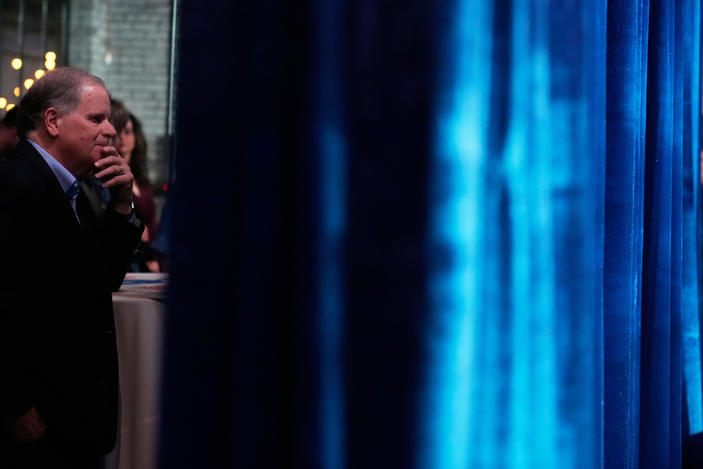 Former Sen. Doug Jones, D-Ala., and gubernatorial candidate waits to speak during an event Friday, Dec. 12, 2025, in Birmingham, Ala. (AP Photo/Brynn Anderson)