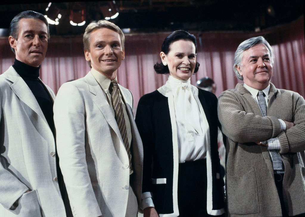 FILE - Fashion designers, from left, Halston, Bob Mackie, Gloria Vanderbilt and Geoffrey Beene pose on the set of the "Love Boat" for a fashion-themed episode in Los Angeles on Feb. 3, 1981. (AP Photo/Wally Fong, File)